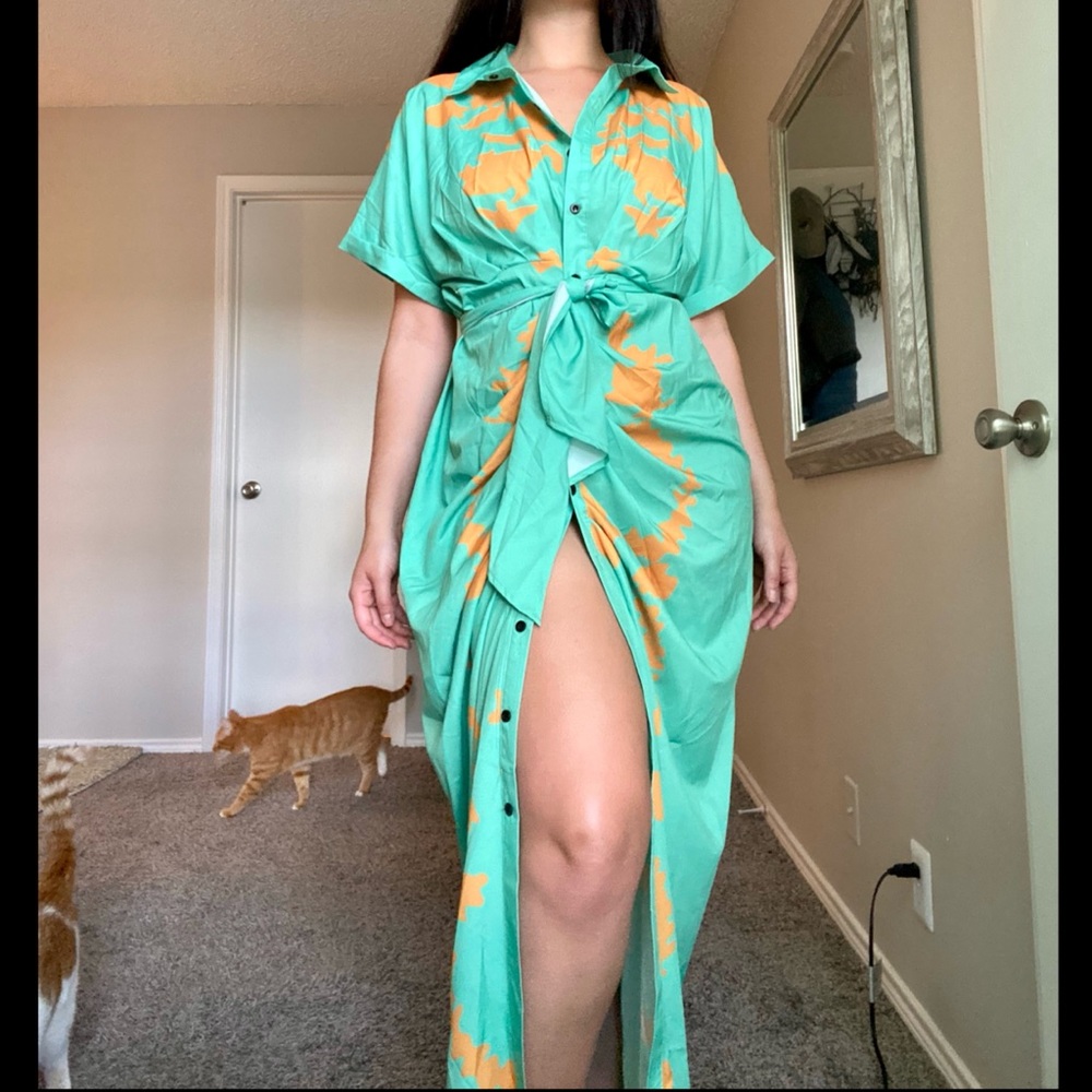 Mint contemporary maxi dress with orange accents. - Picture 11 of 16
